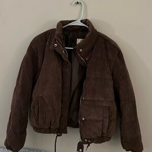 brown corduroy puffer with buttons and zipper